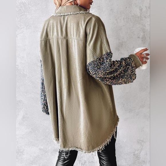 Women Sequin Patchwork Long Sleeve Sparkle Casual Glitter Jeans Bomber Jacket - Picture 2 of 10